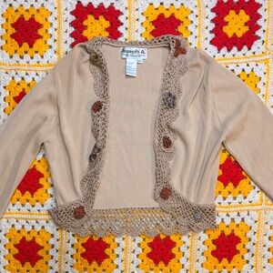 Joseph Cropped Beige Cardigan with Crochet Flower Trim
